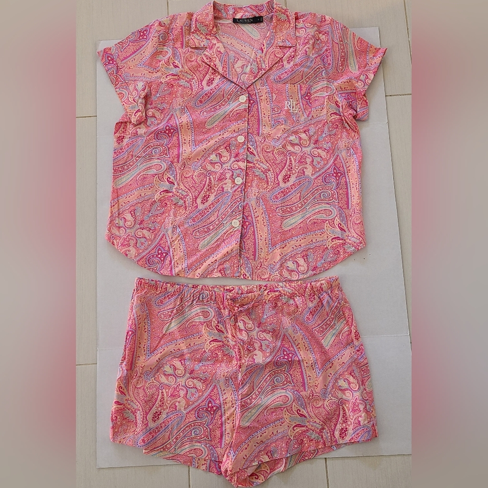 Lauren Ralph Lauren Pink Paisley Short Sleeve Pajama Set 2 Piece Size XL
